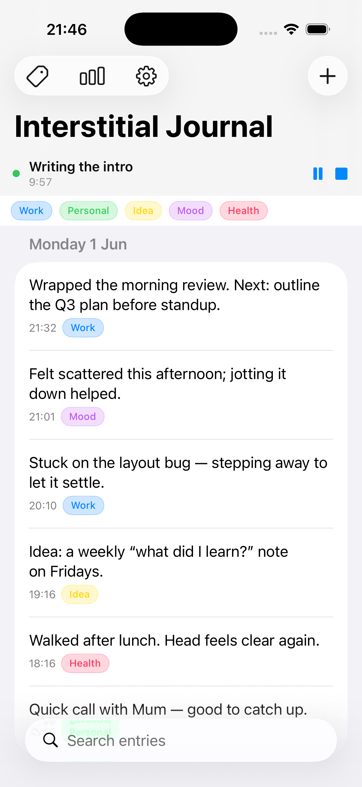 The Interstitial Journal timeline showing a running task and tagged, timestamped entries.